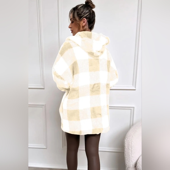 Double Take Designer White and Tan Full Size Plaid Long Sleeve Hooded Coat - Picture 2 of 3